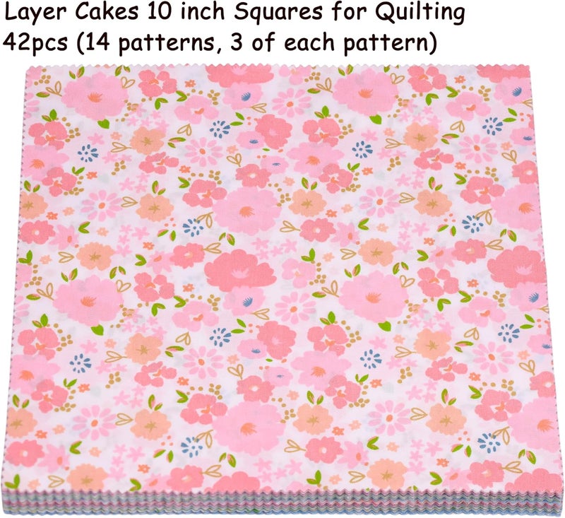 Hanjunzhao 42 Pcs Layer Cake Fabric for Quilting 10 inch - Layer Cakes 10 inch Squares for Quilting - Fabric Squares 10x10-10" Cotton Material for Sewing - Sweet Garden - Image 4
